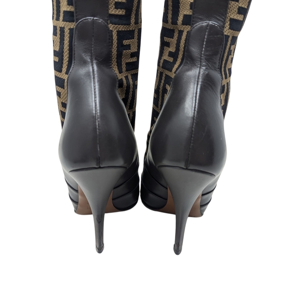 Fendi Rockoko FF Logo Signature Monogram Brown Leather Zucca Boots Size EU 38.5 - Picture 9 of 15